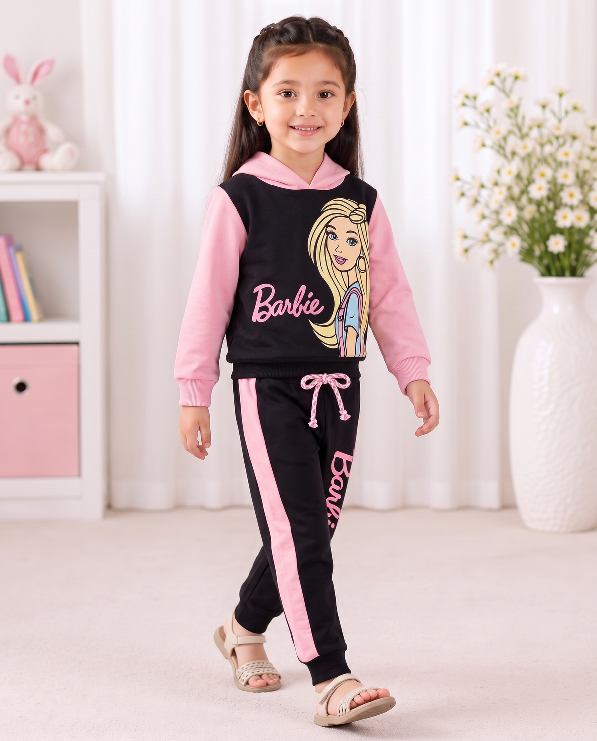 Girls Barbie Hooded Tracksuit – Pink & Black Two-Piece Set