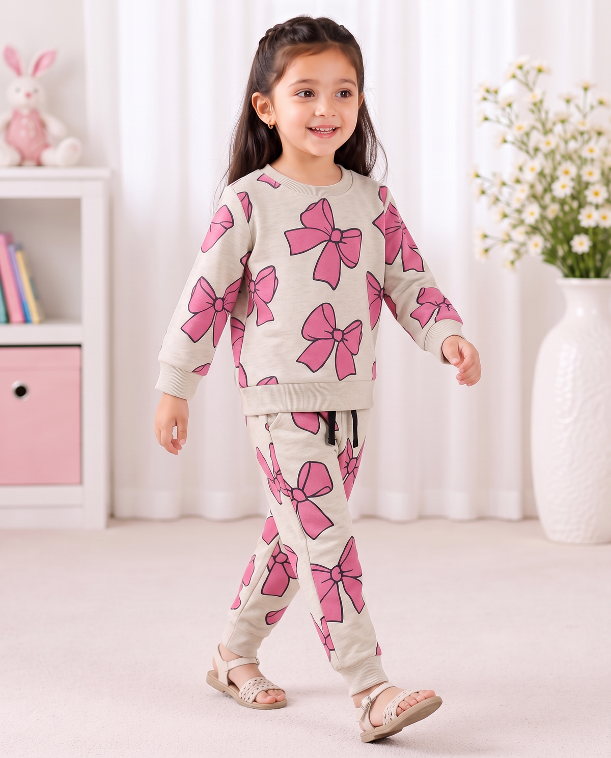 Cute Pink Bow Printed Kids Tracksuit – Beige Two-Piece Set