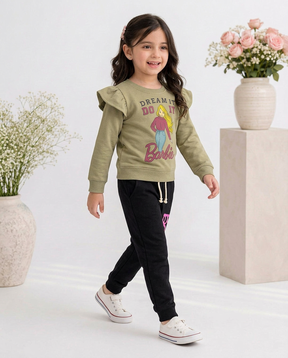 Baby Girls Frill Sleeves Barbie print Outfit Premium Quality 2 pcs Set