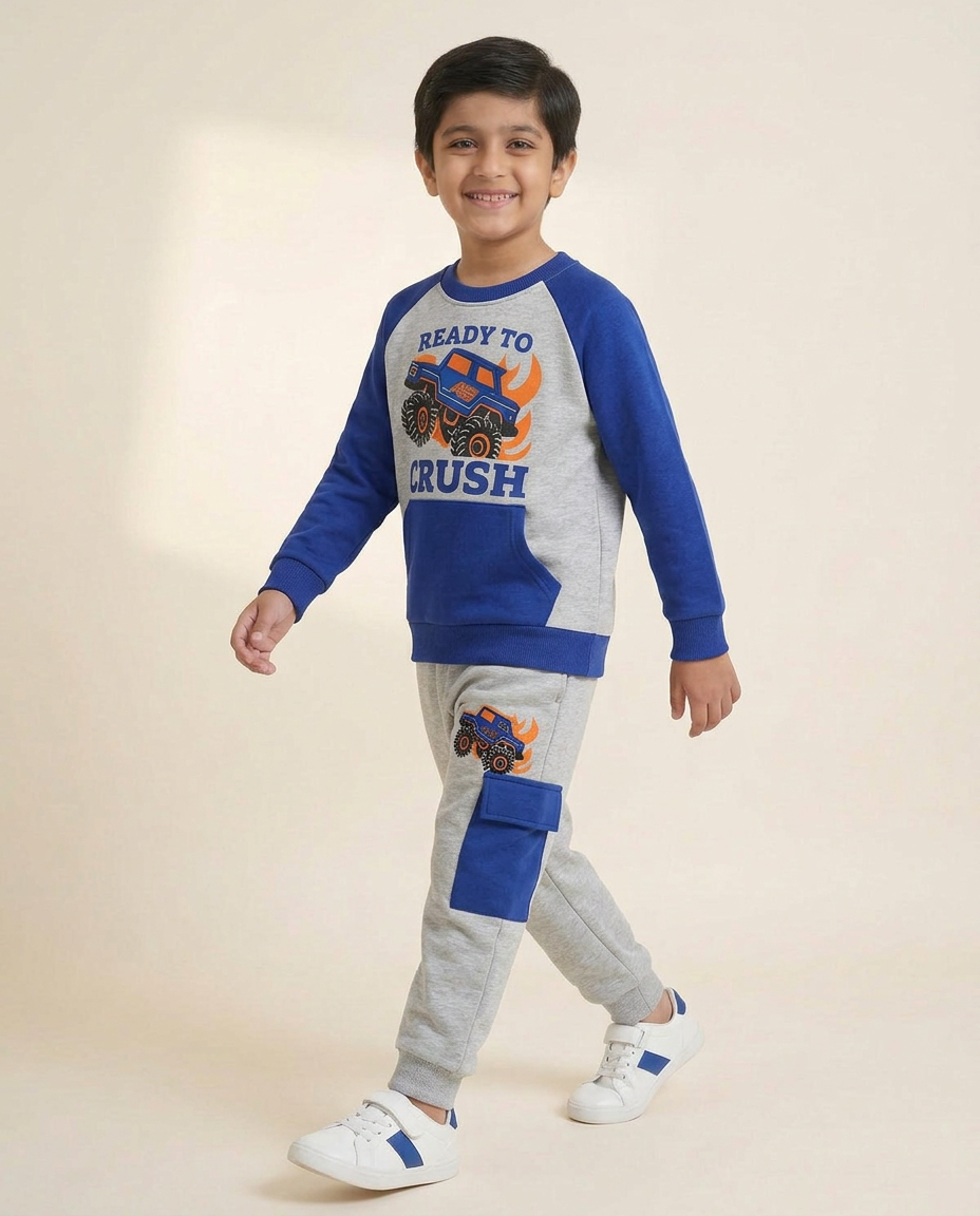 Monster Truck Kids Sweat Suit – Ready to Crush (Blue & Grey)