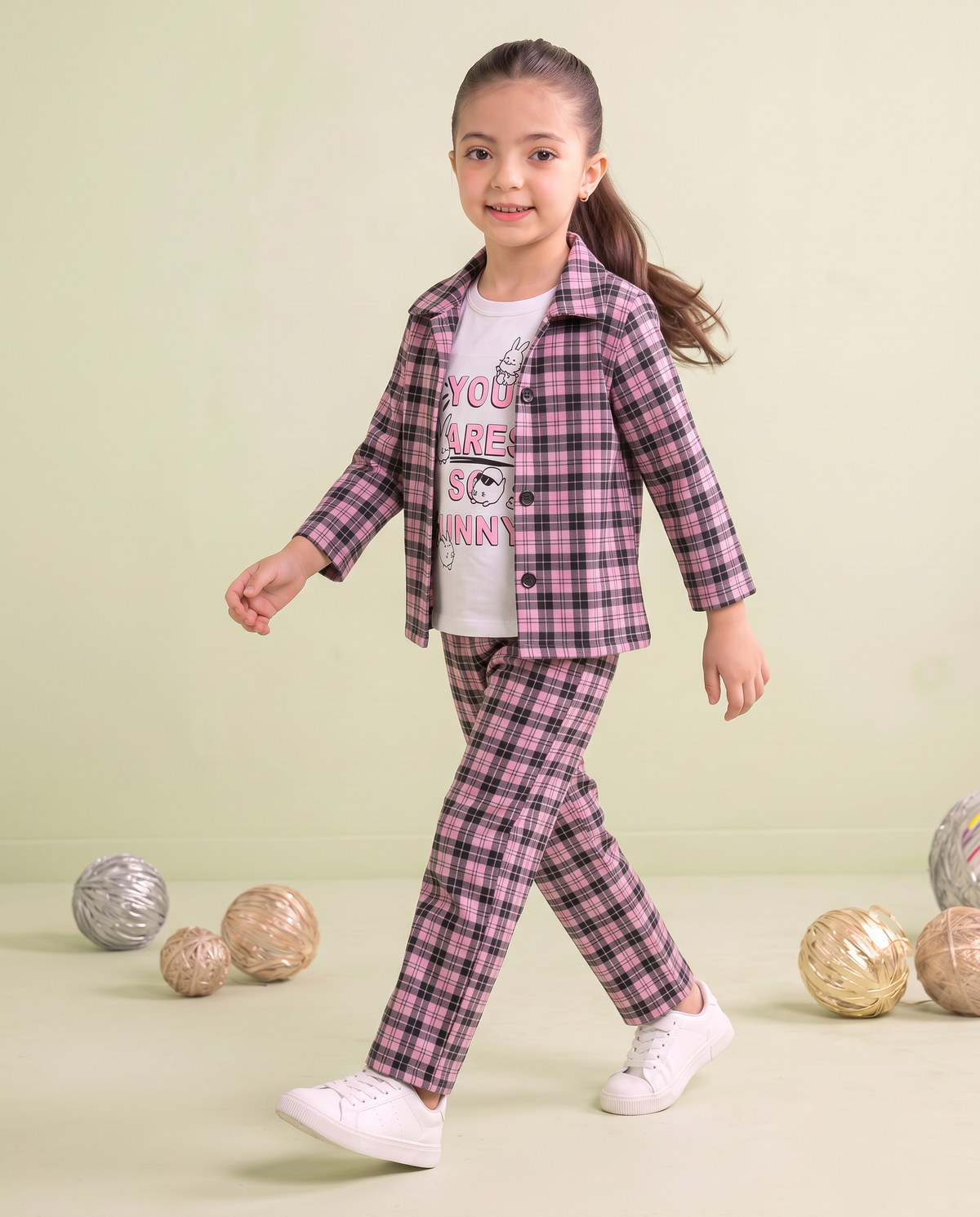 Girls 3 Pcs Bunny Printed Checkered Summer Co-Ord Set – Pink & Black