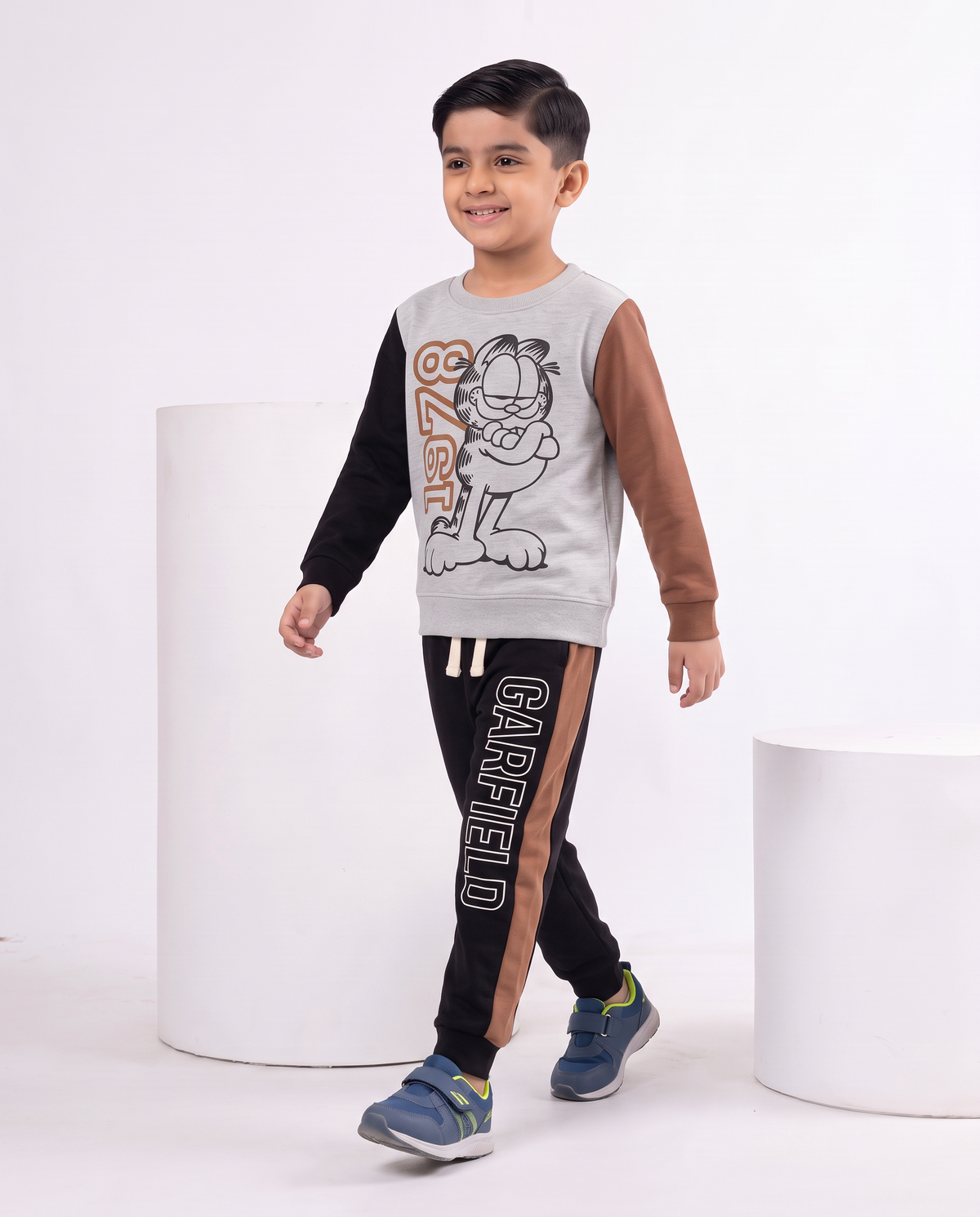 Kids Grey ,brown & black Garfield Print Sweatshirt With Panel Trouser Premium Quality Set