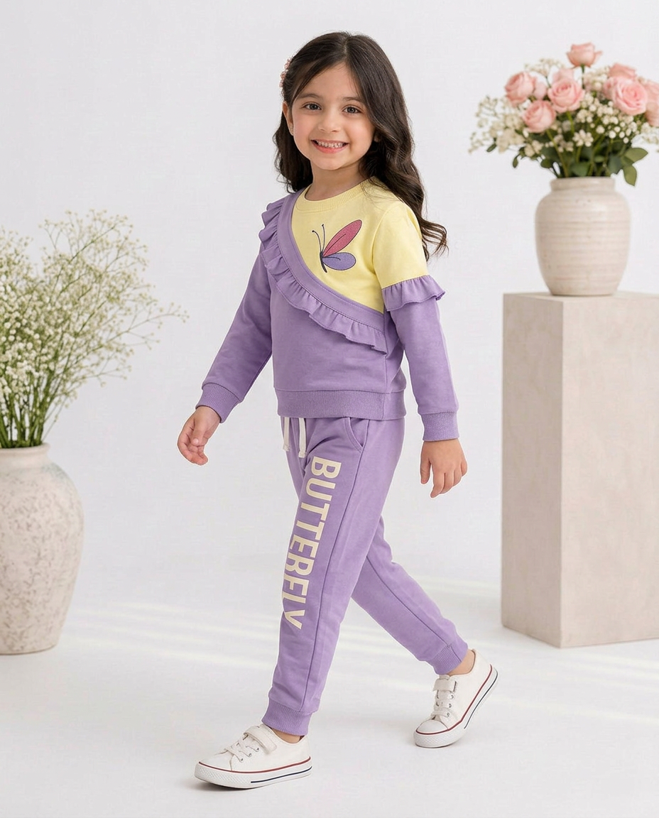 Kids Butterfly Printed Tracksuit – Purple & Yellow