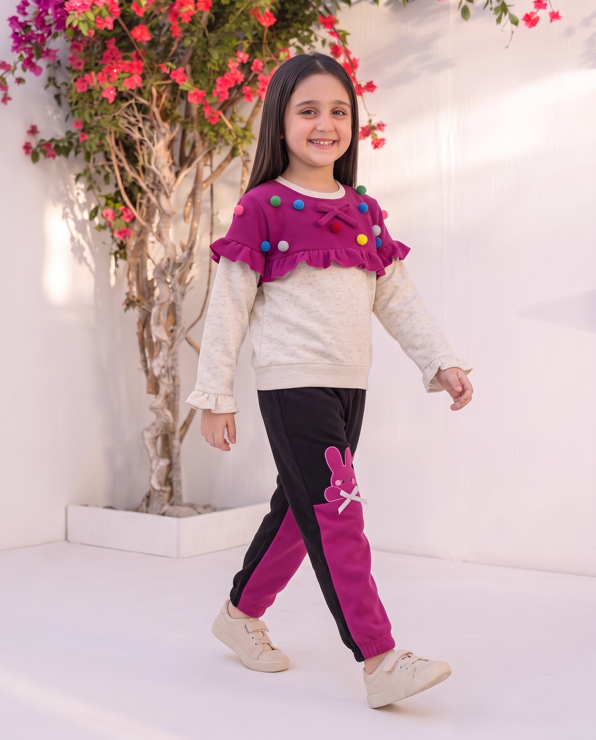 Cute Bunny Printed Kids Tracksuit – Pink and Black Winter Sweatshirt & Trouser Set for Girls