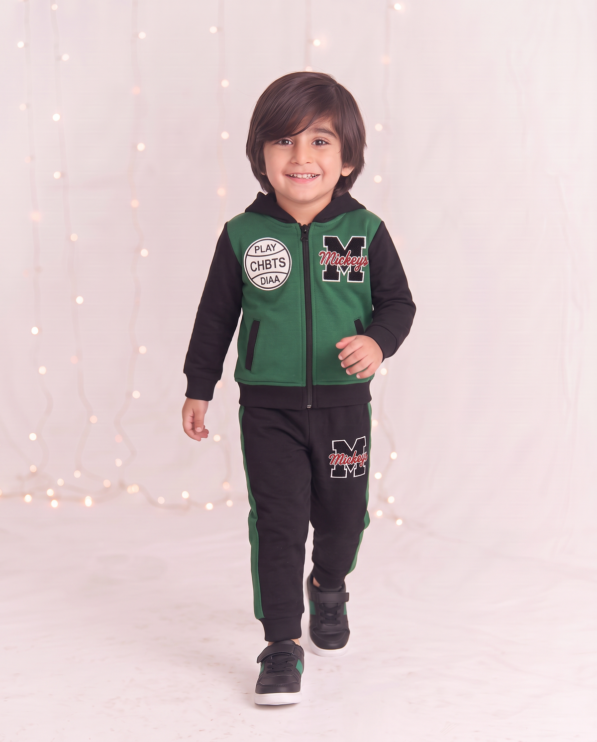 Zipper Green Black Pocket Hoodie With panel Trouser 2pcs Set