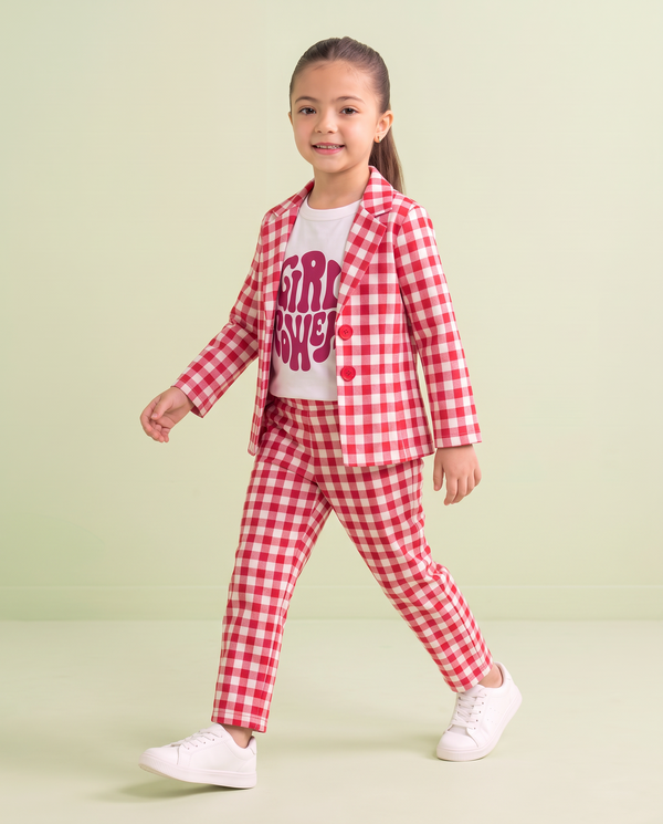 Girls Red Checkered 3 Piece Summer Co-Ord Suit for Kids