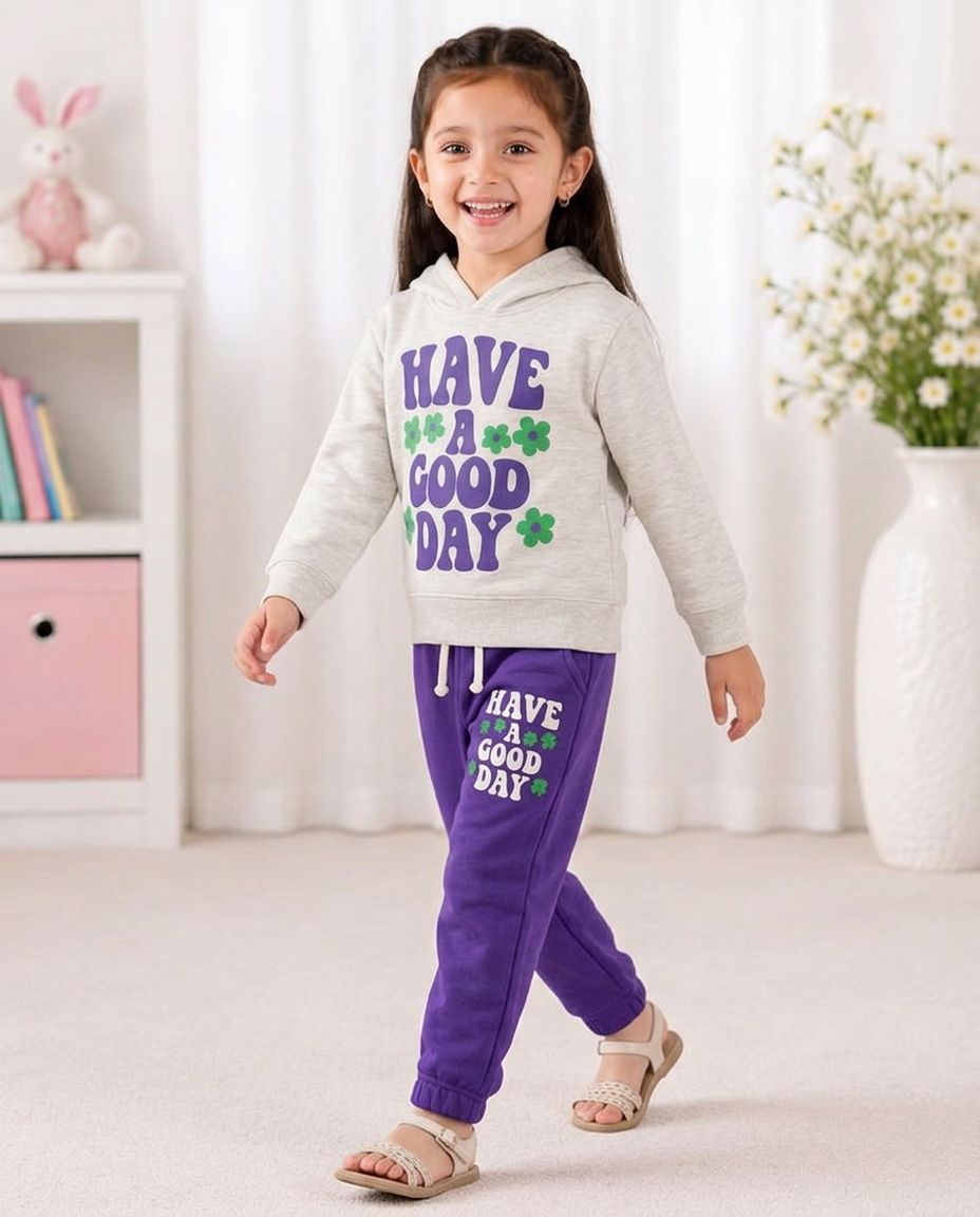 Have a Good Day Kids Hoodie Tracksuit – Purple Set