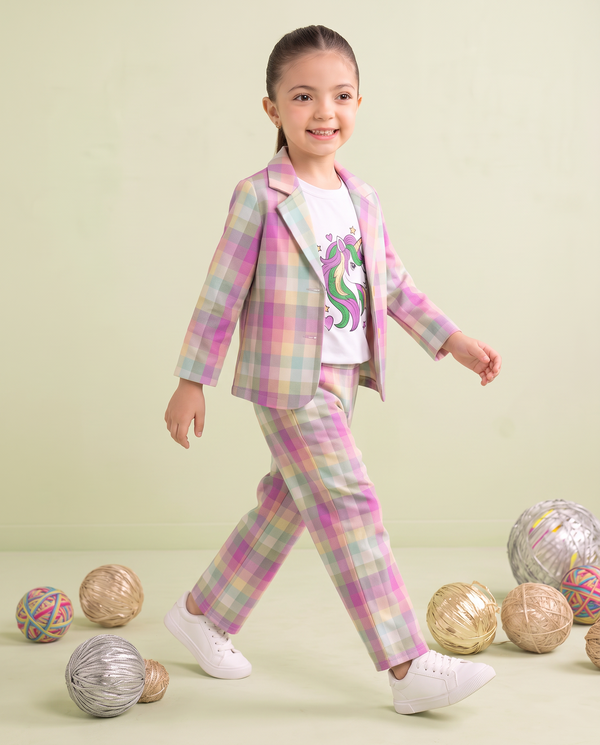 Girls Unicorn Printed 3 Piece Pastel Check Summer Co-Ord Set