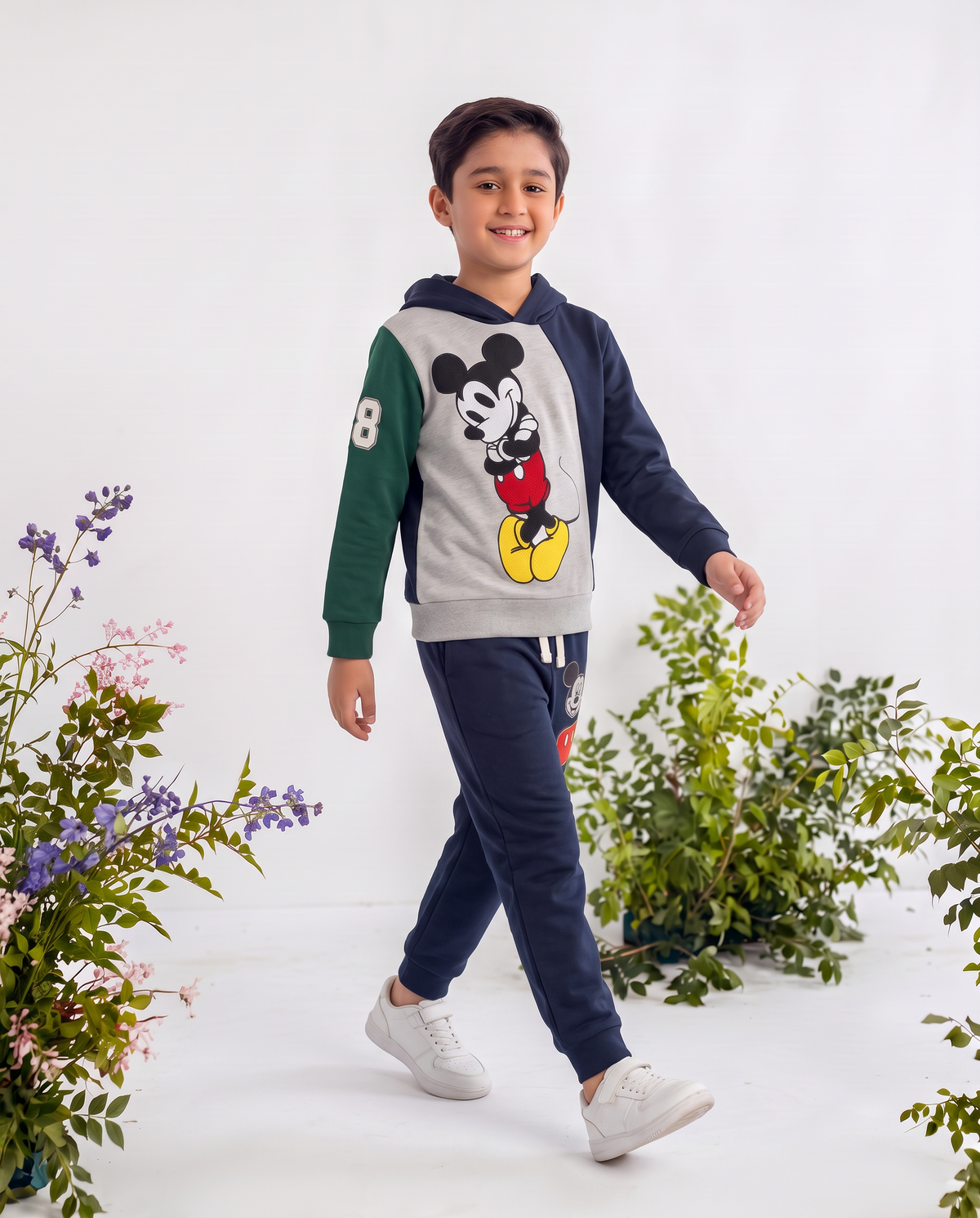 Kids Blue, Grey & green Micky Mouse Fleece Hoodie With Pocket Trouser Outfits Set Imported