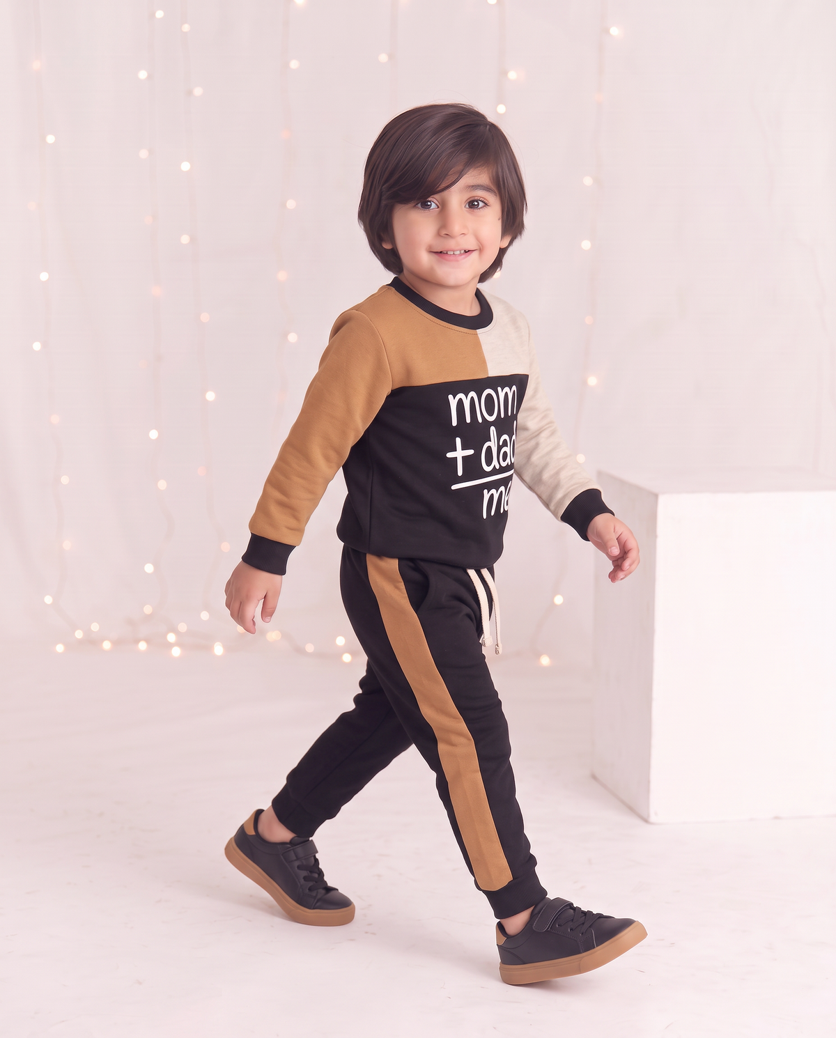 Kids Casual Outfit  Graphic Letter Mom+Dad=Me Sweatshirt With Panel Trouser Premium Quality Set