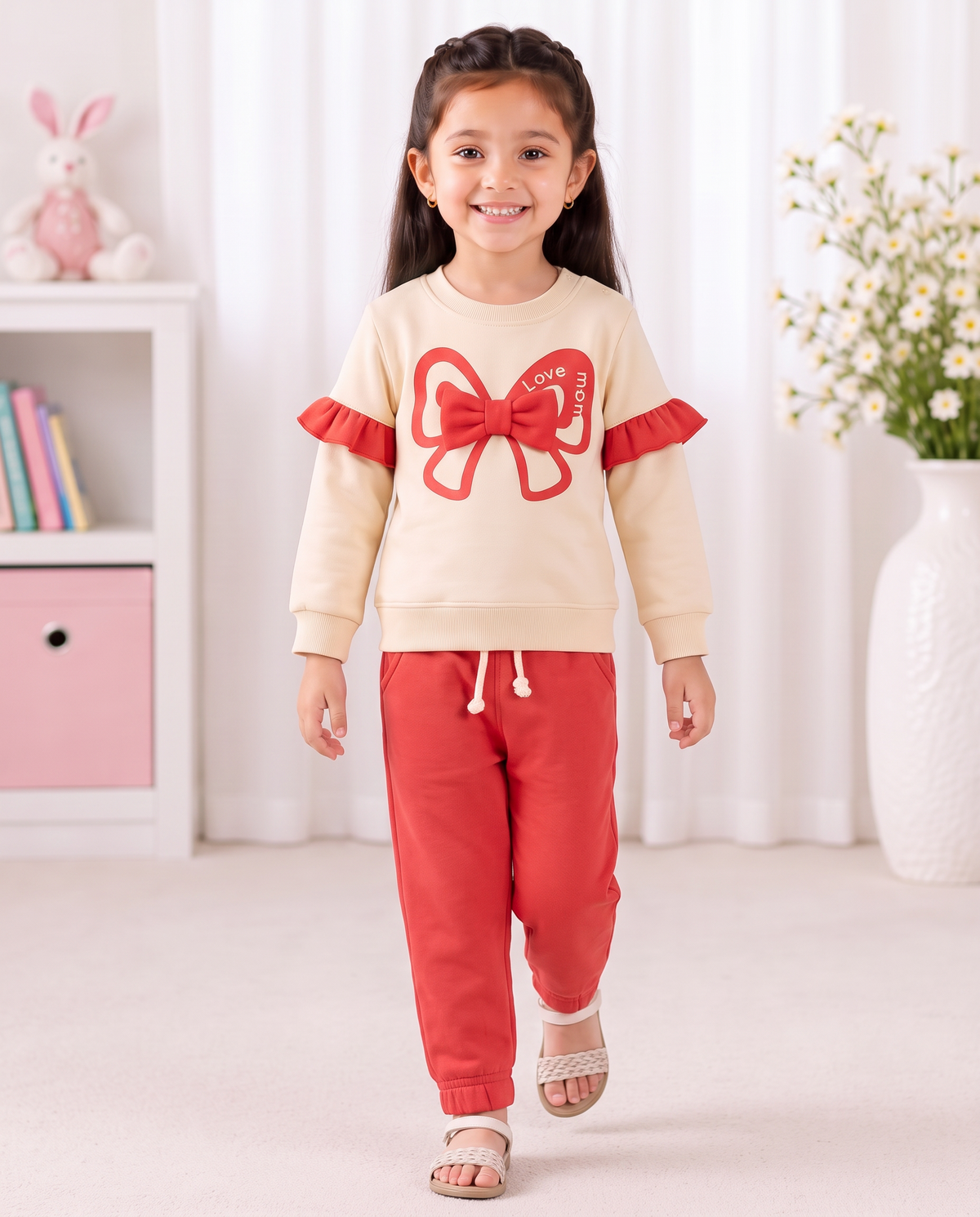 Sweet Love Baby Girl Bow Tracksuit – Cream & Red Two-Piece Set