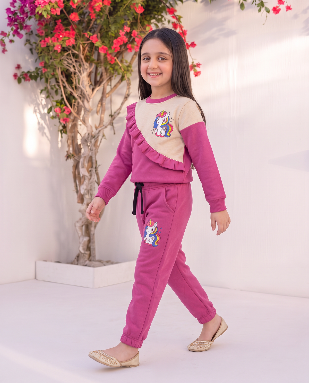 Girls’ Pink & Beige Unicorn Sweat Suit  – 2-Piece Outfit