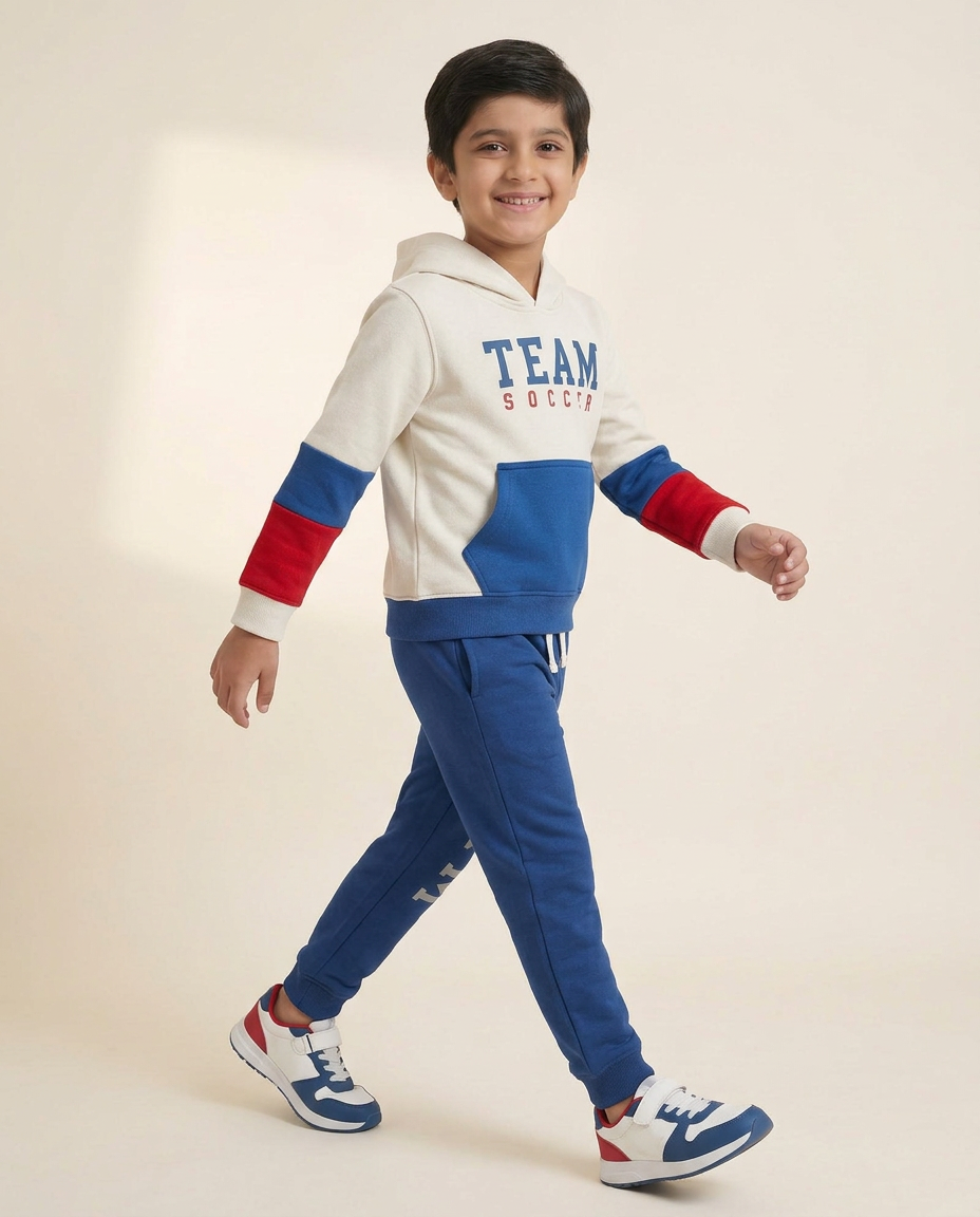 Kids Blue & White ‘Team Soccer’ Hoodie and  Tracksuit Set