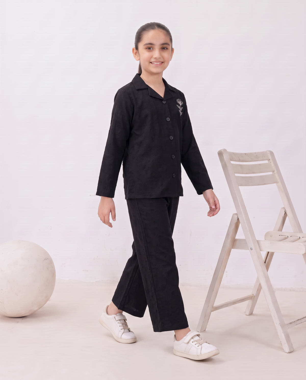 Girls Black Dotted Textured Turkish Fabric Co-Ord Set
