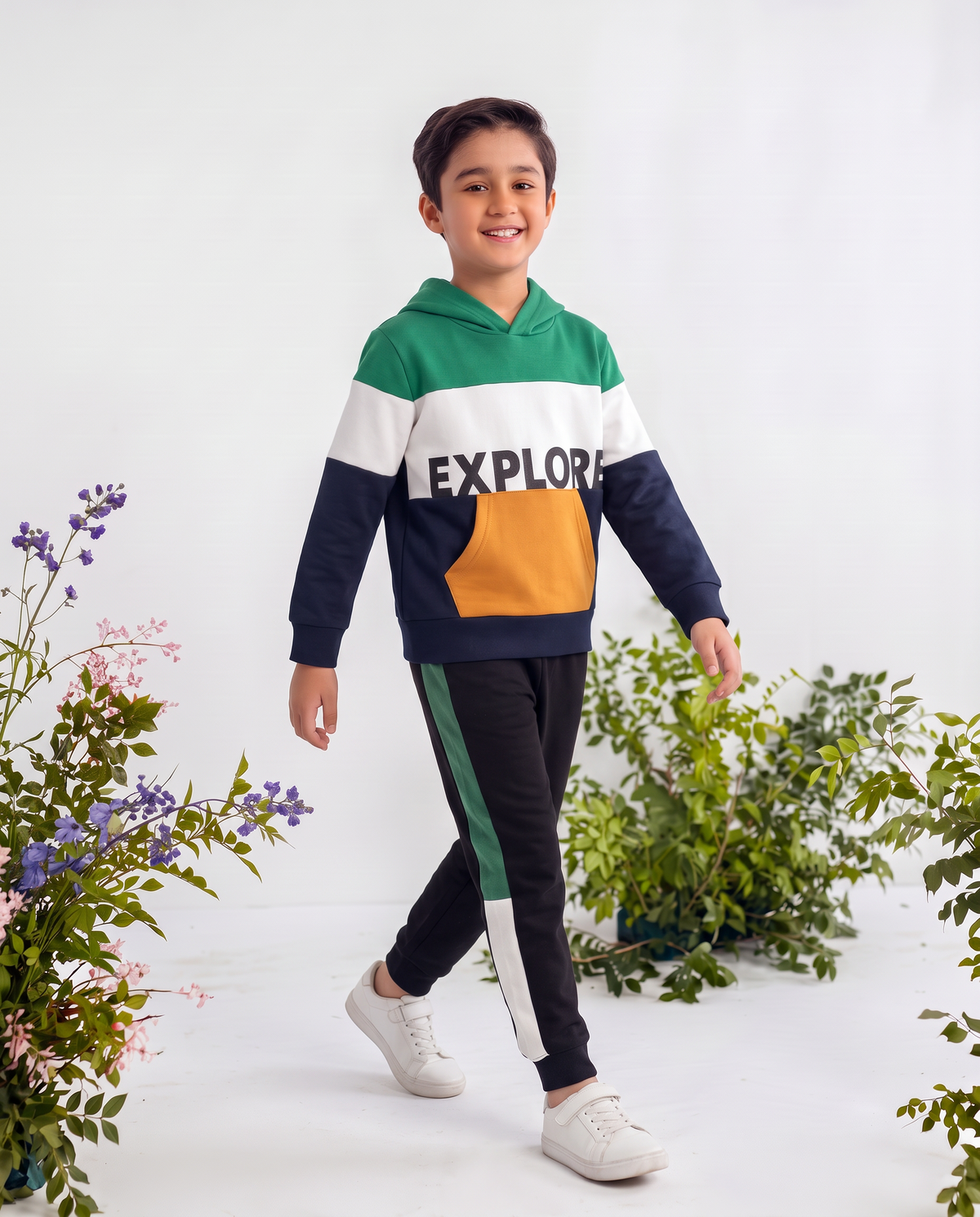 Explore Print Hoodie Green ,White & navy Blue With panel Trouser 2pcs Premium Quality Set