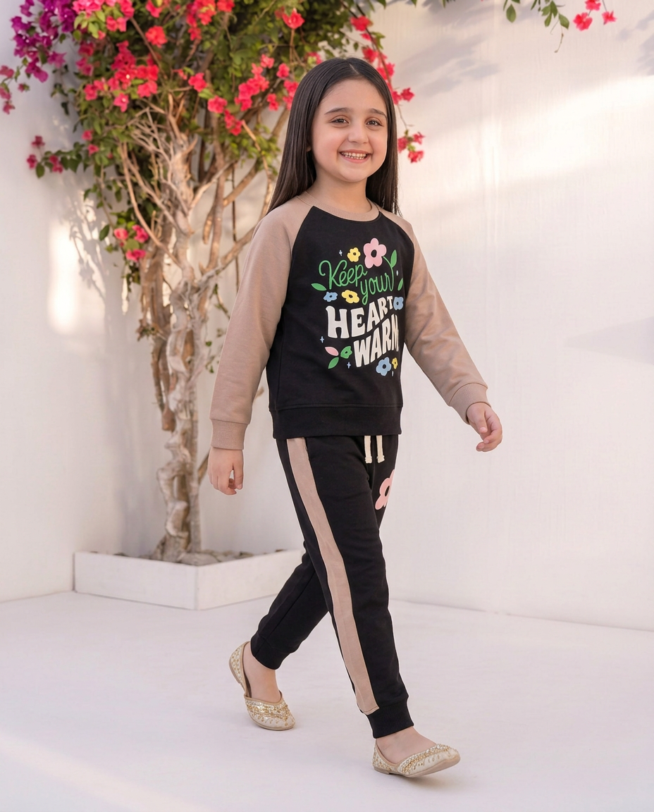 Keep Your Heart Warm Baby Girls Pink & Black Graphic Sweatshirt With Panel Trouser