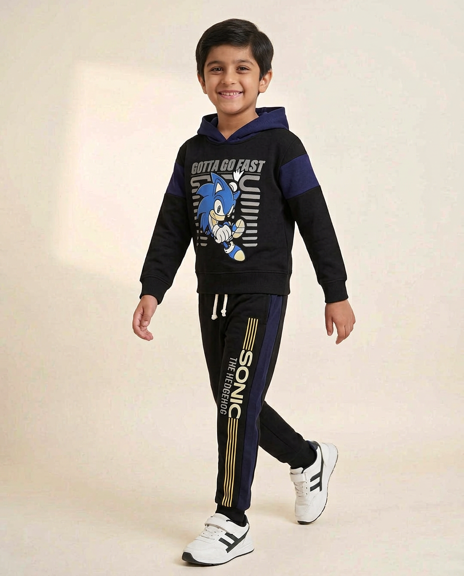 Kids Sonic Blue & Black Fleece Hoodie With Pocket Trouser Premium Quality Set