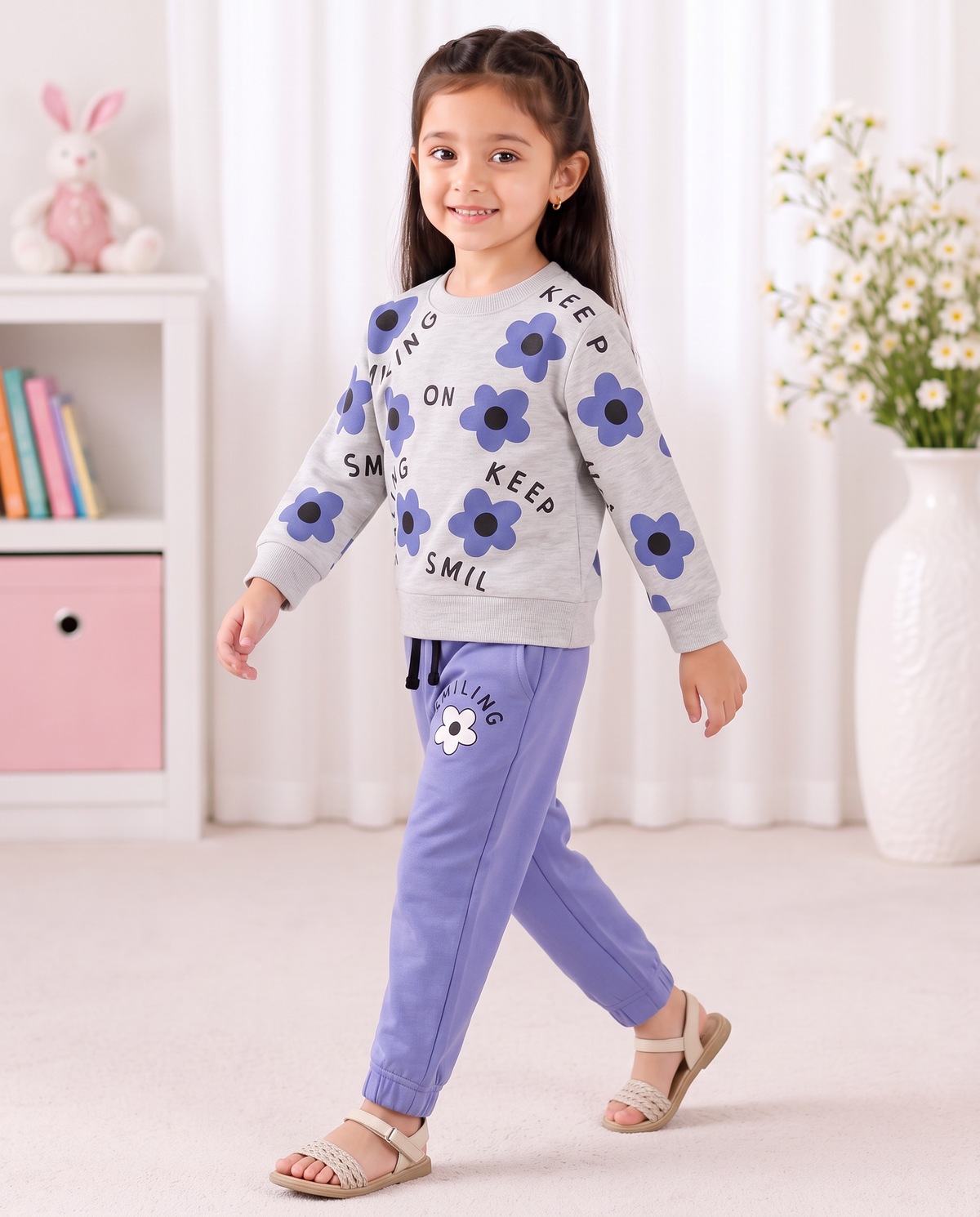 Girls Keep Smiling Grey & Purple Flower Tracksuit