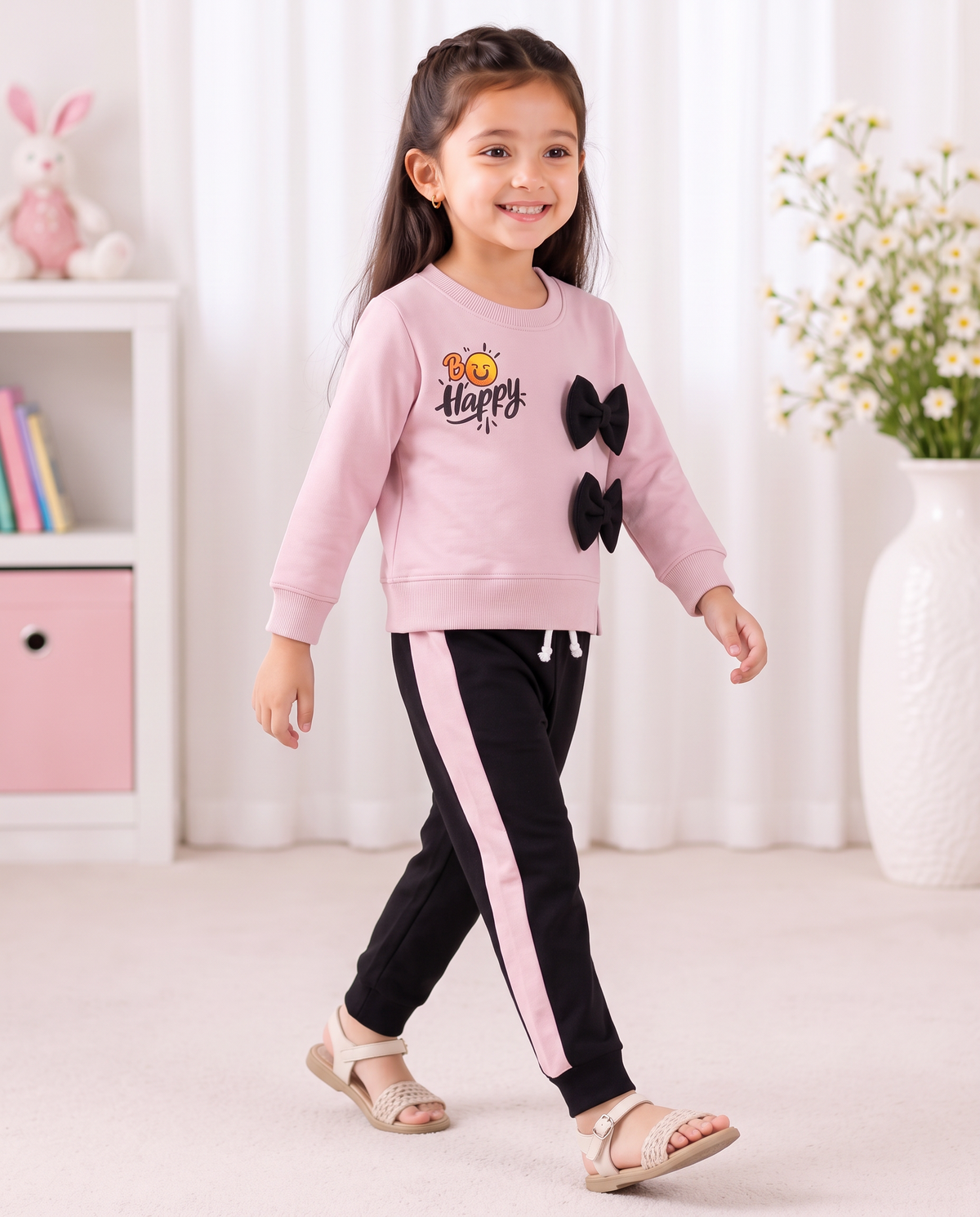 Girls Be Happy Pink & Black Bow Tracksuit