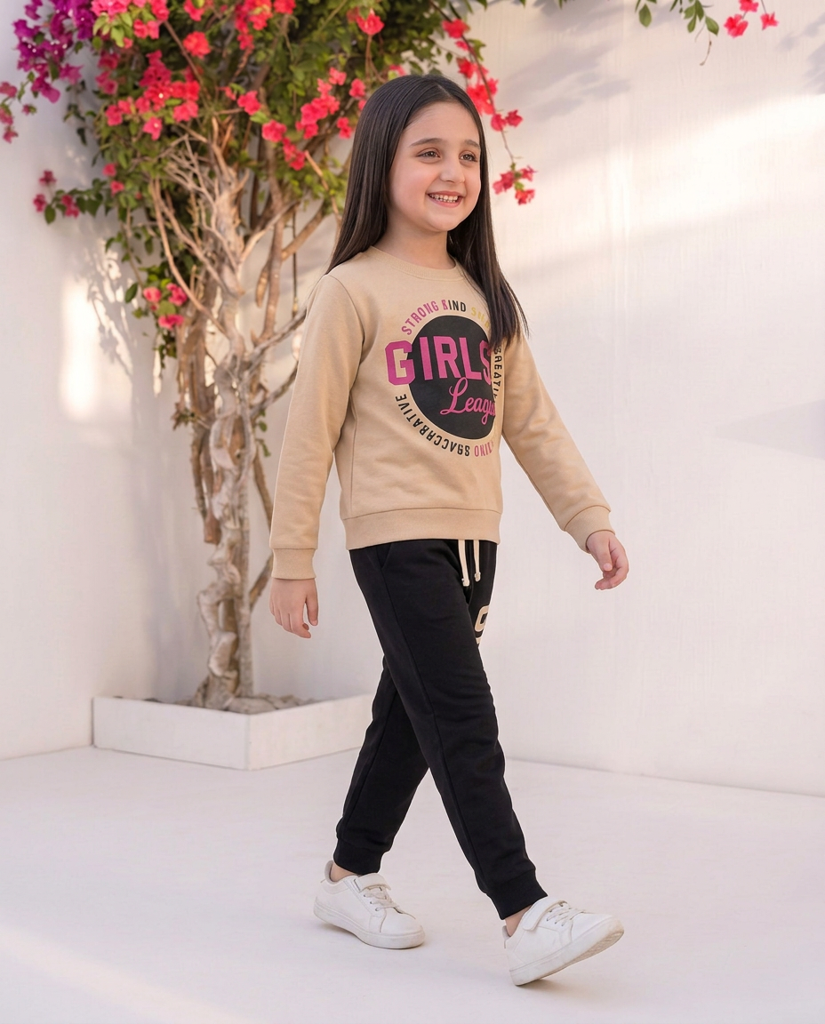 Baby Girl League Fleece Sweatshirt and Black Trouser 2 Piece Set Outfit
