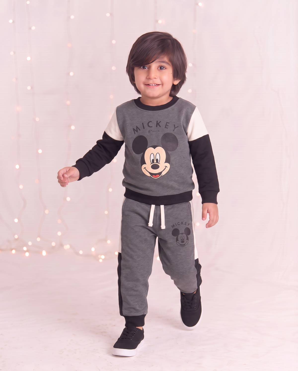 Mickey Mouse Little Boys Fleece Gray Black And White Sweatshirt & Panel Trouser