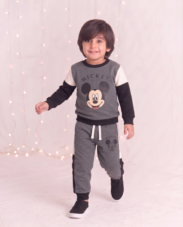 Mickey Mouse Little Boys Fleece Gray Black And White Sweatshirt & Panel Trouser
