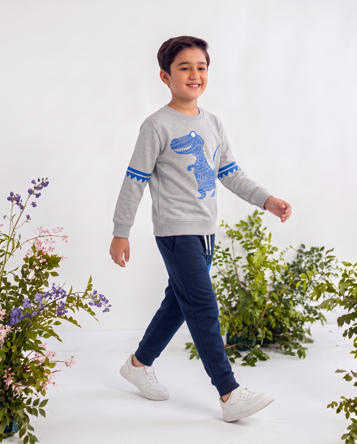 Toddler Baby Boy Grey Dinosaur Sweatshirt  Long Sleeve Pullover With Navy Blue Pocket Trouser