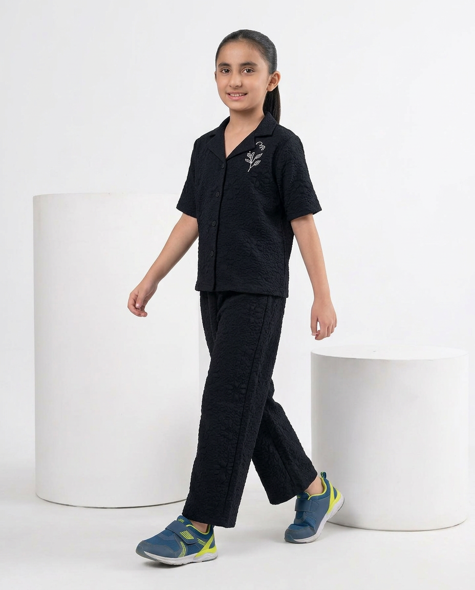 Girls Black Textured Turkish Fabric Co-Ord Set