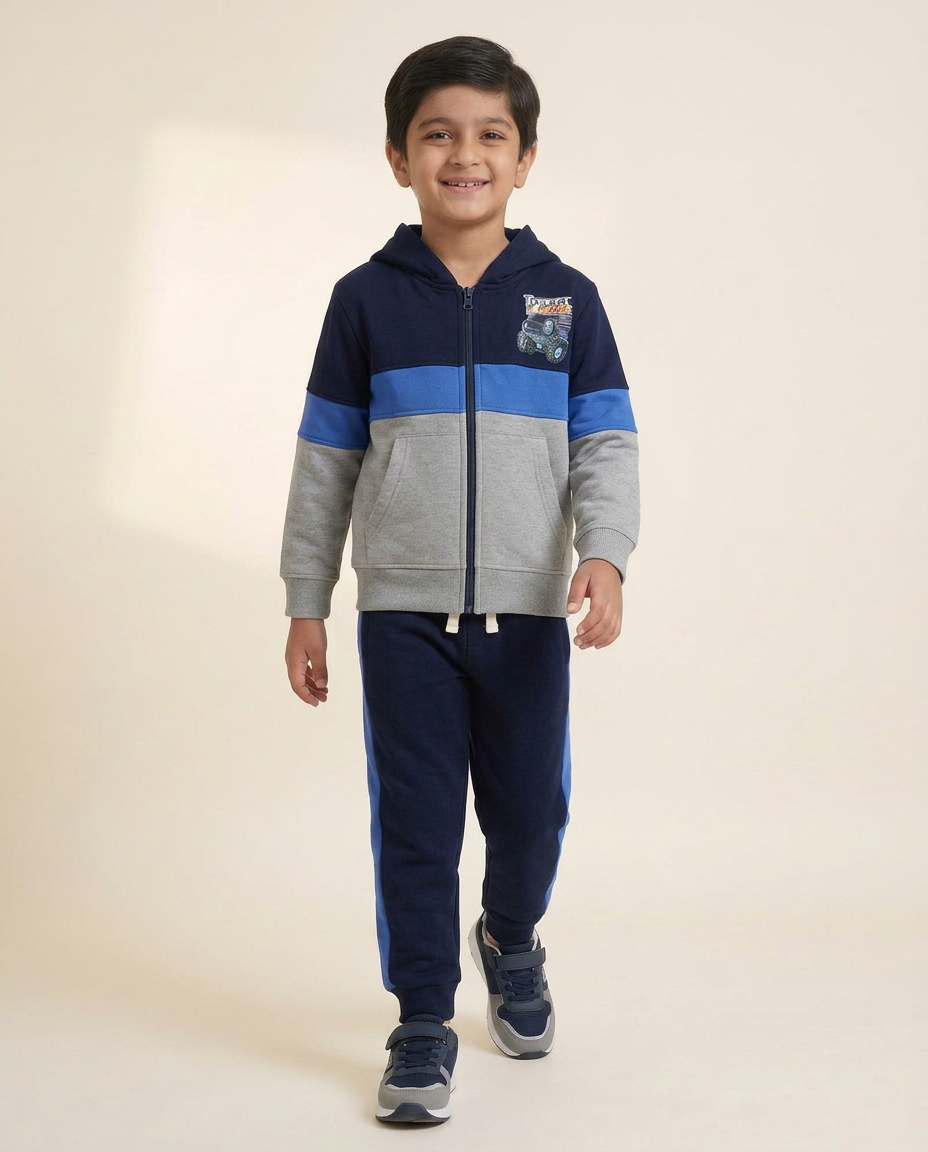 Navy, Blue & Grey Hoodie Set – Front Zip Hooded Top with Matching Bottoms
