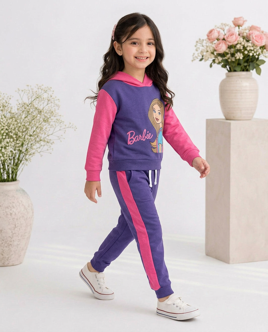 Baby Girls Barbie Fleece Pink Hoodie With Purple Panel Trouser 2 Piece premium Quality Set
