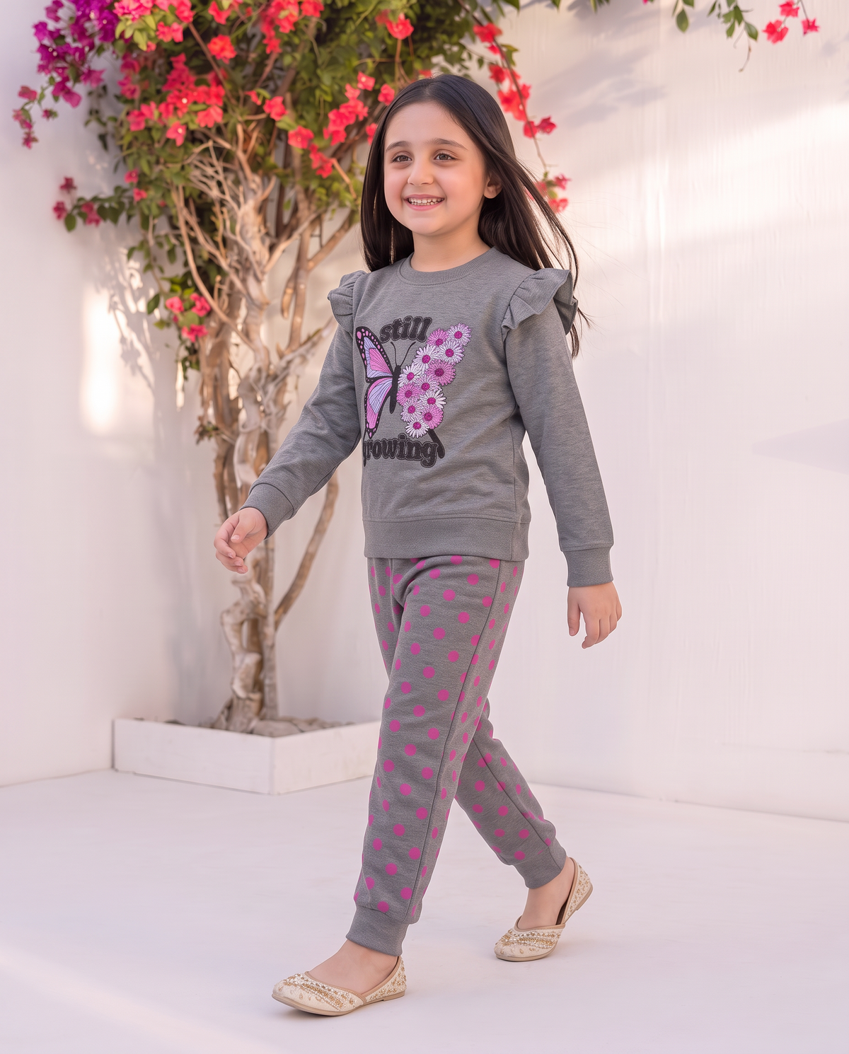 "Still Growing" Butterfly Graphic Grey Top and Pink Dot Pant Set for Toddlers