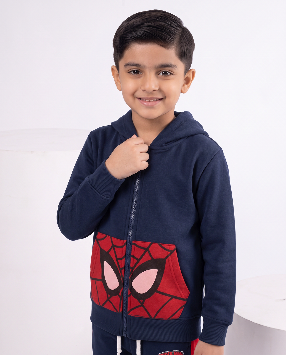Red & Navy Blue  Spider Man Pocket Hoodie With Panel Trouser 2pcs Premium Quality Set