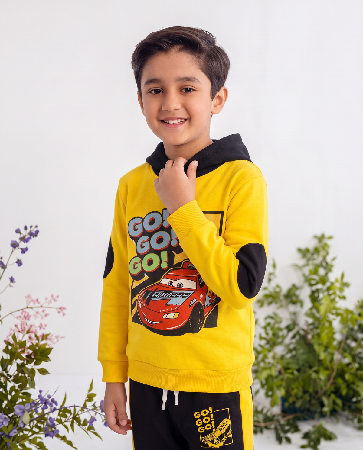 Go Go Go Car Printed Yellow Hoodie & Black Trouser With Dori Outfit Premium Quality Set