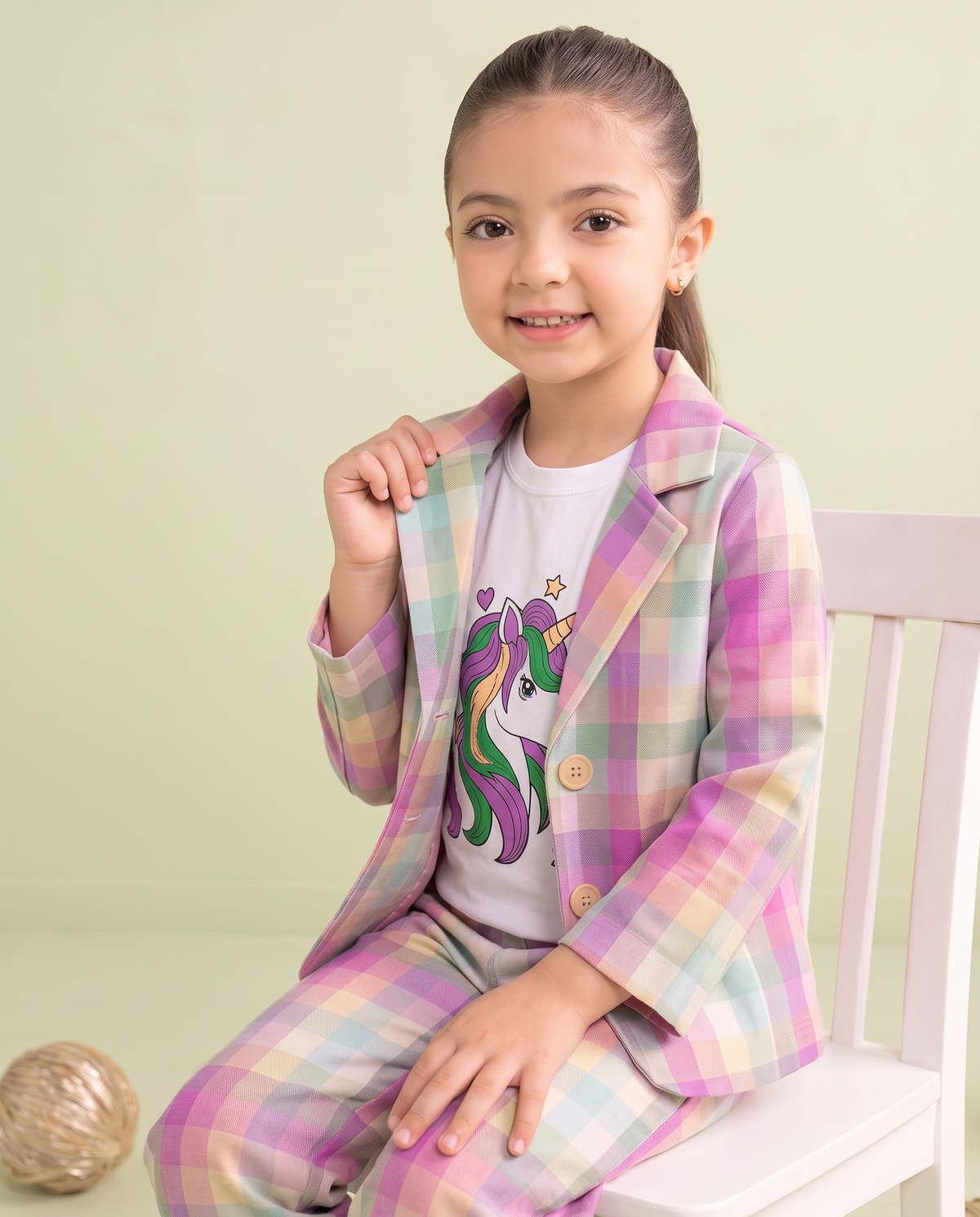 Girls Unicorn Printed 3 Piece Pastel Check Summer Co-Ord Set