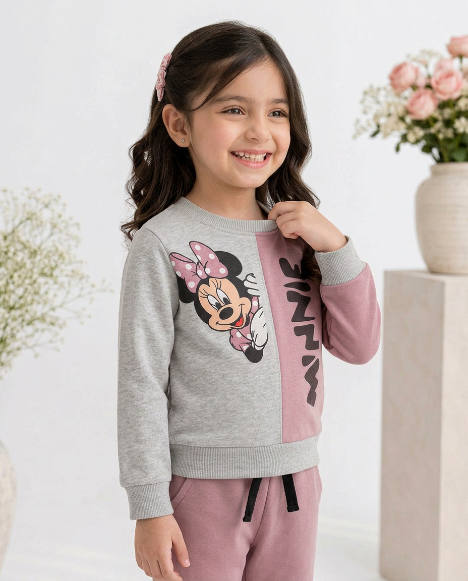 Disney Minnie Mouse Fleece Pink Gray Sweatshirt With Trouser  2 Piece Set
