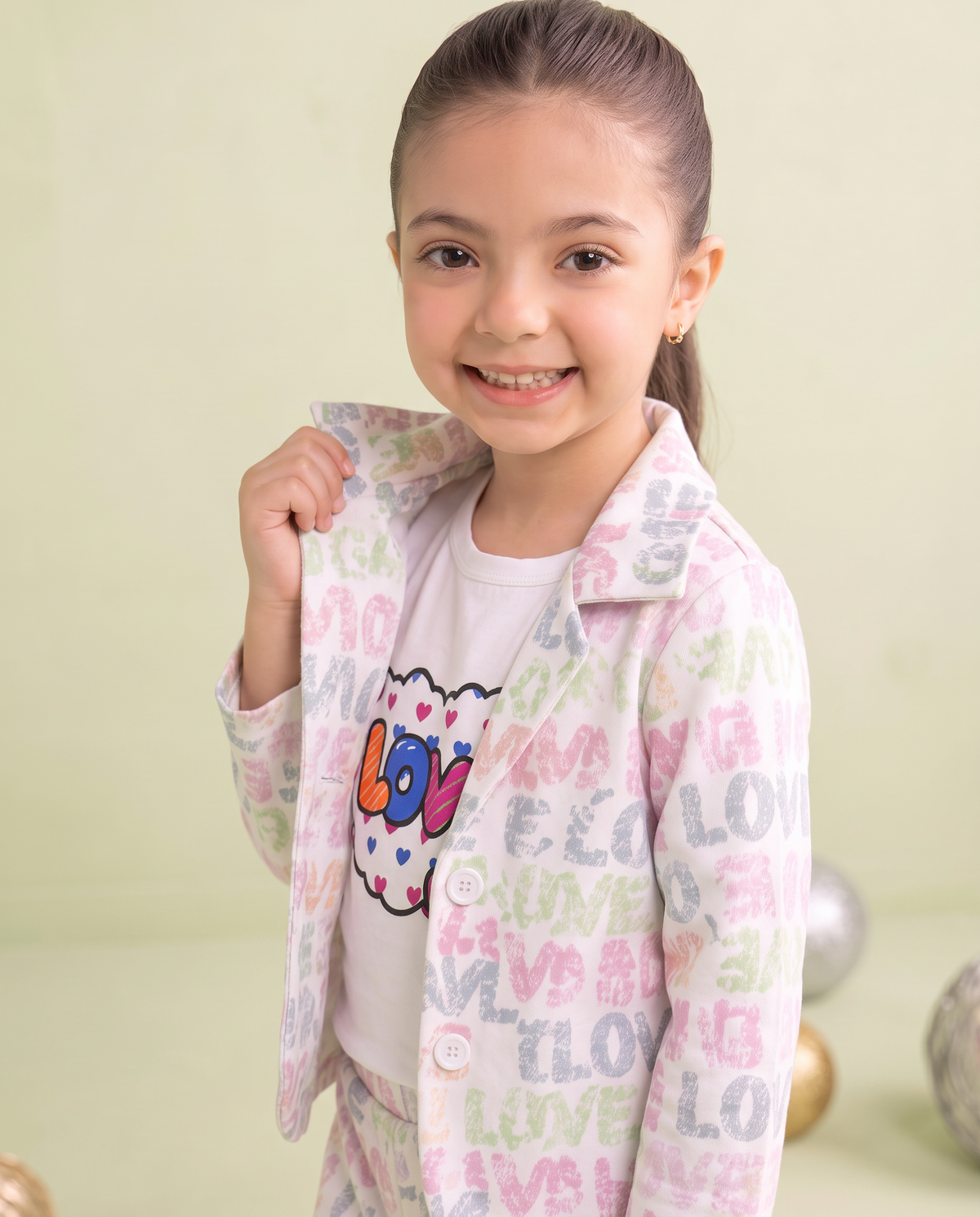 Girls 3 Pcs Love Print Summer Co-Ord Set – White Multi