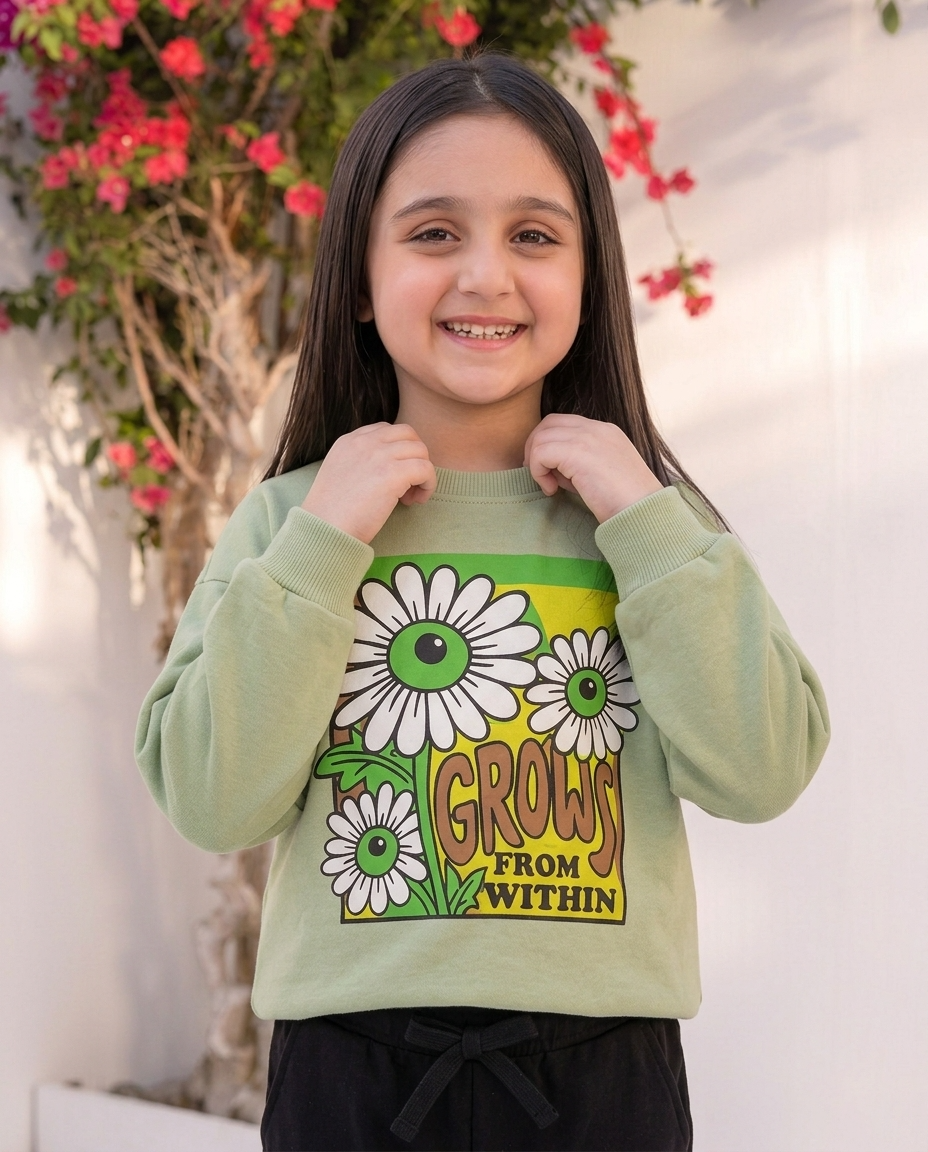 Baby Girls Grows Flowering Fleece White Sweatshirt With Black Trouser  2 Piece premium Quality Set