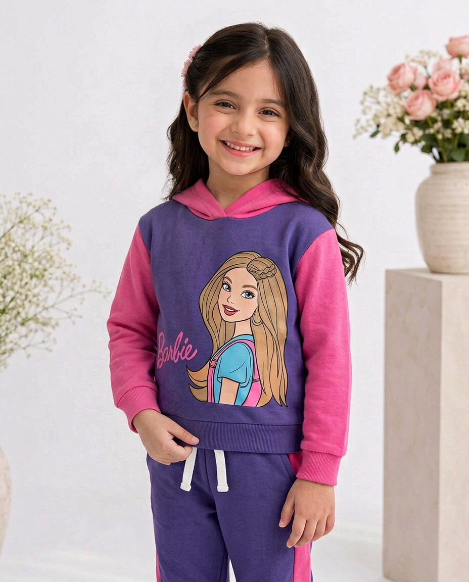 Baby Girls Barbie Fleece Pink Hoodie With Purple Panel Trouser 2 Piece premium Quality Set