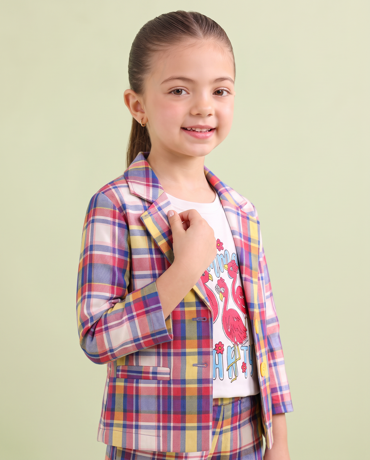 Girls Multicolor Checkered Flamingo 3 Piece Summer Co-Ord Set