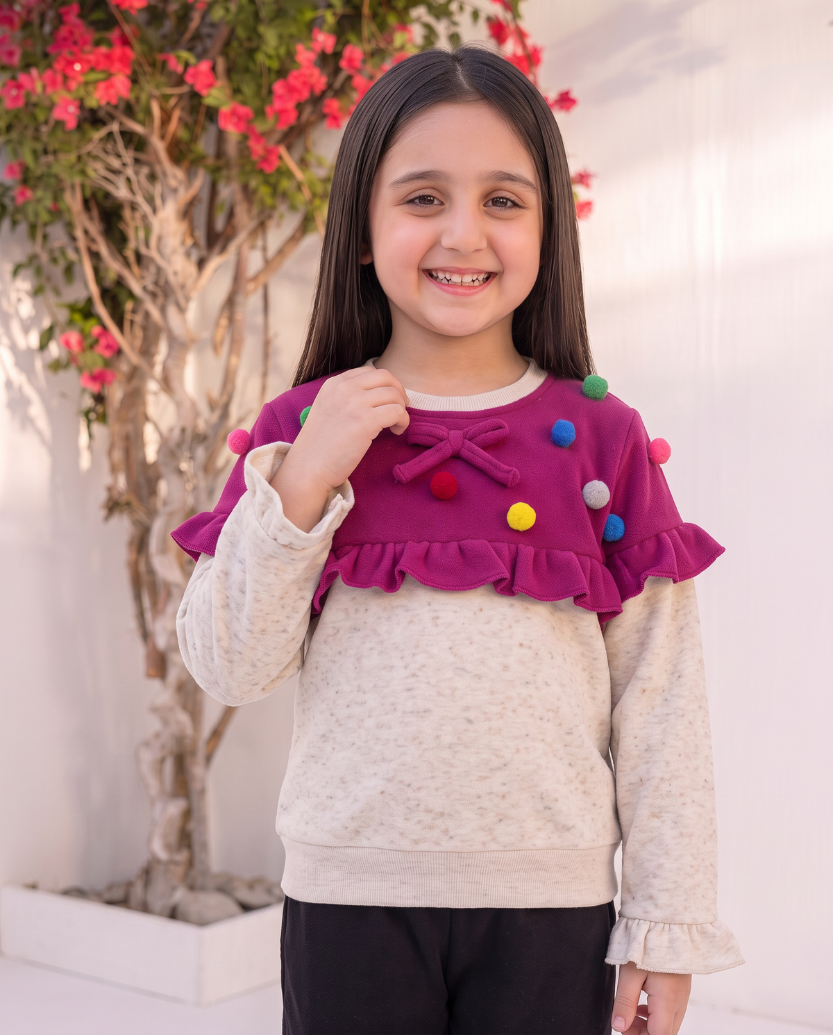 Cute Bunny Printed Kids Tracksuit – Pink and Black Winter Sweatshirt & Trouser Set for Girls