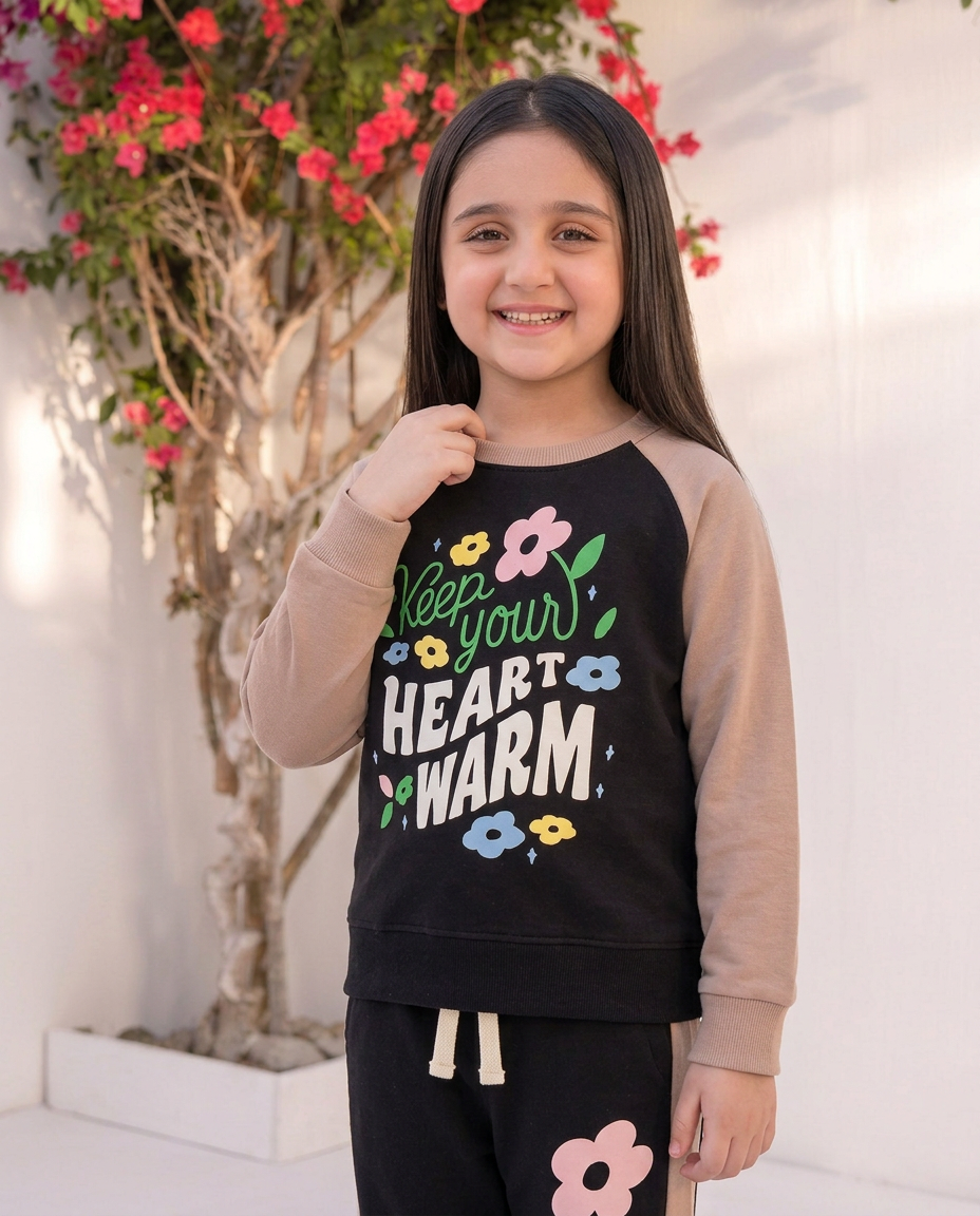Keep Your Heart Warm Baby Girls Pink & Black Graphic Sweatshirt With Panel Trouser