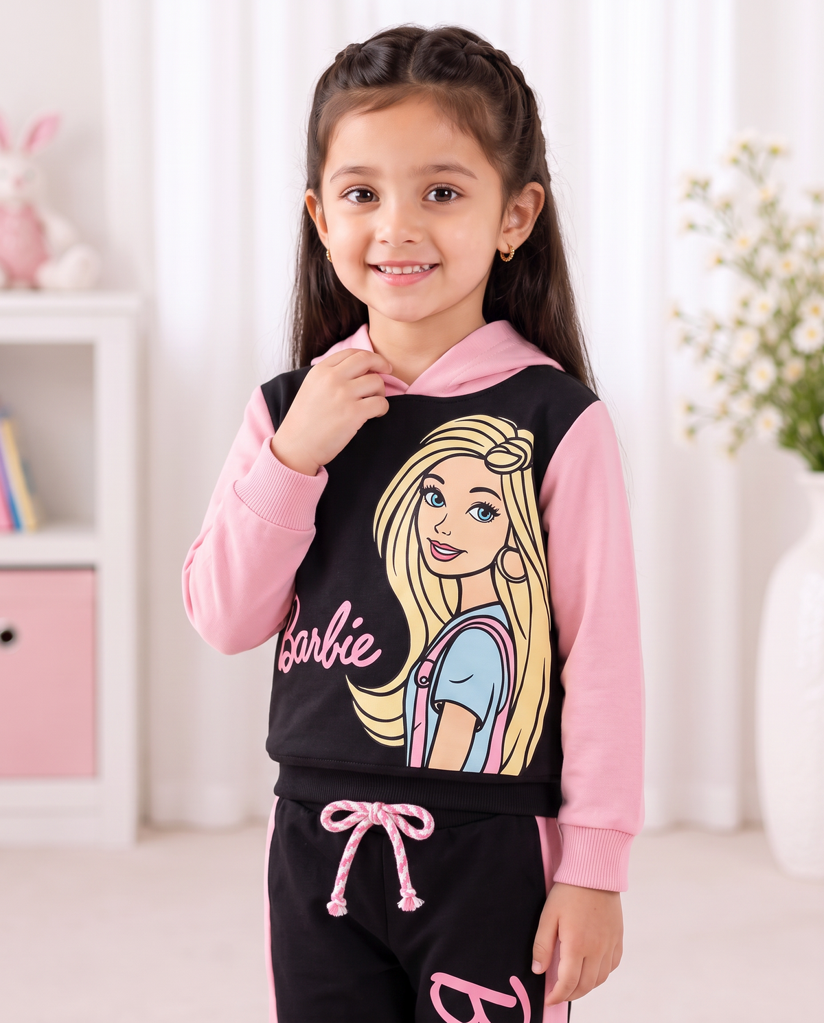 Girls Barbie Hooded Tracksuit – Pink & Black Two-Piece Set