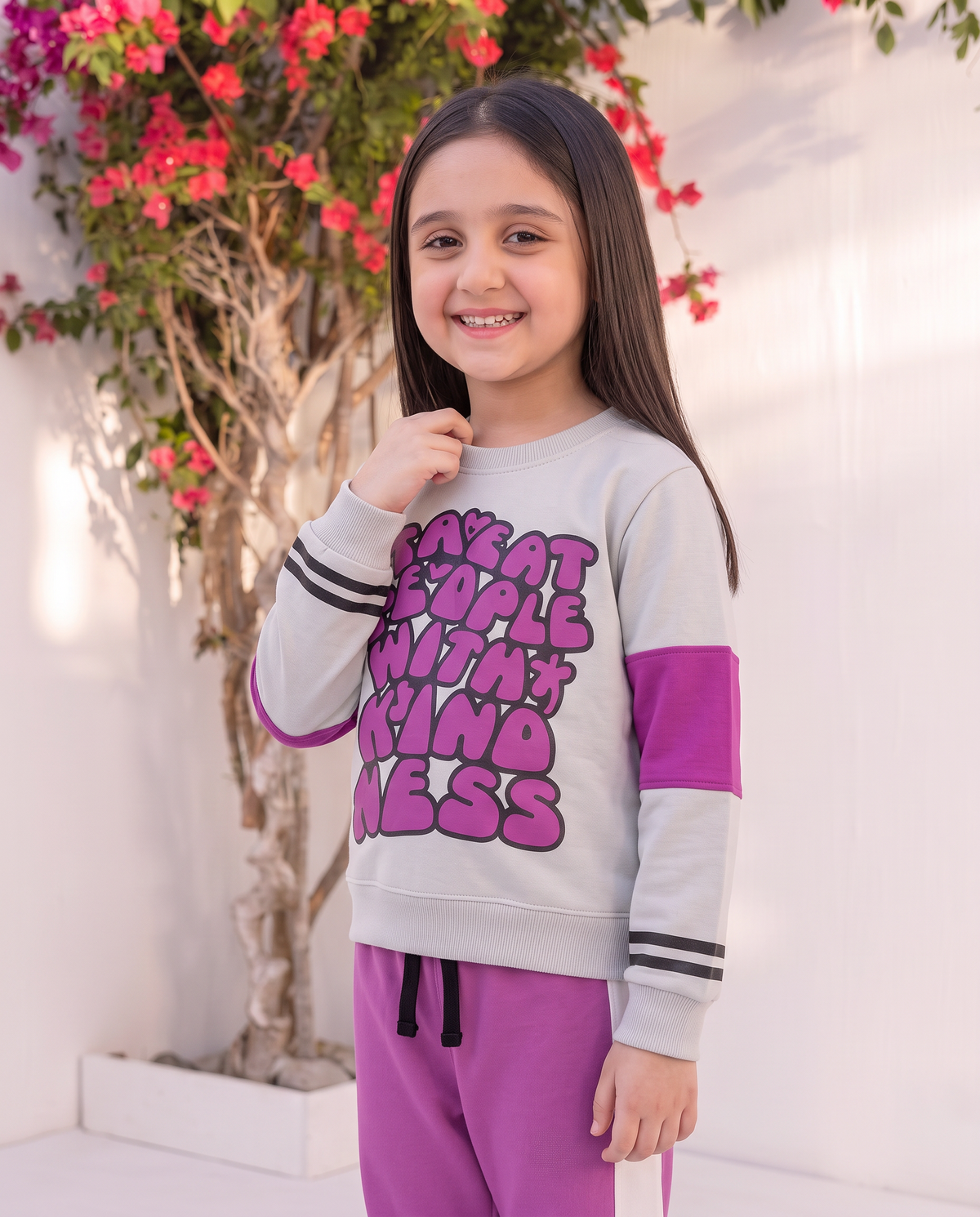 Kids Purple & White Kindness Message Tracksuit – ‘Treat People With Kindness’ Print
