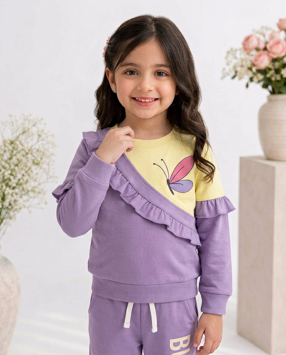 Kids Butterfly Printed Tracksuit – Purple & Yellow