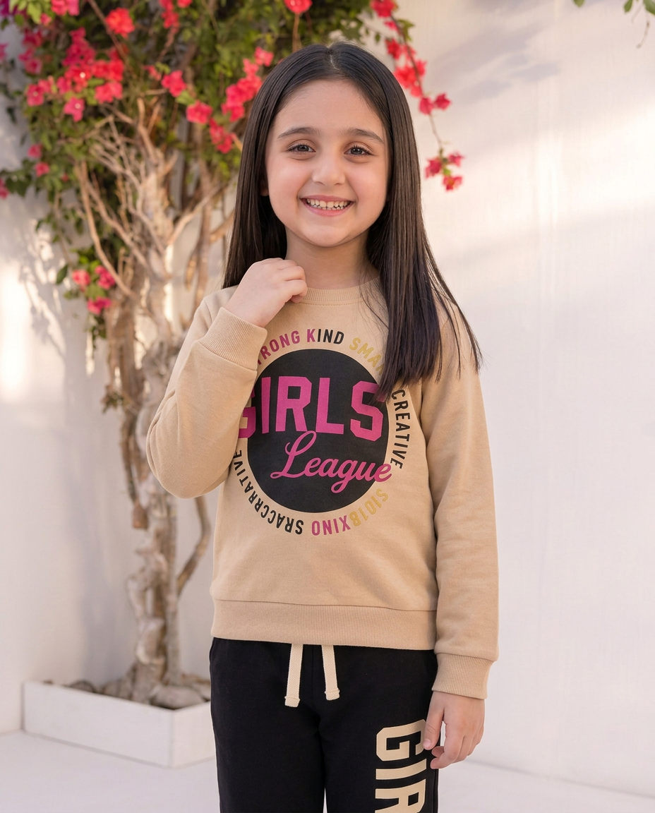 Baby Girl League Fleece Sweatshirt and Black Trouser 2 Piece Set Outfit