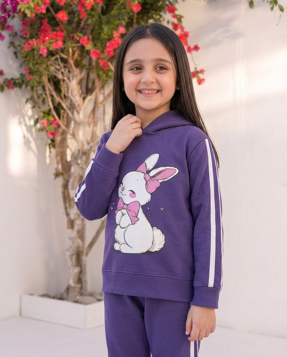 Kids Girls Purple Bunny Hoodie with Trouser – Cute Cartoon Rabbit Print Cozy Outfit Set