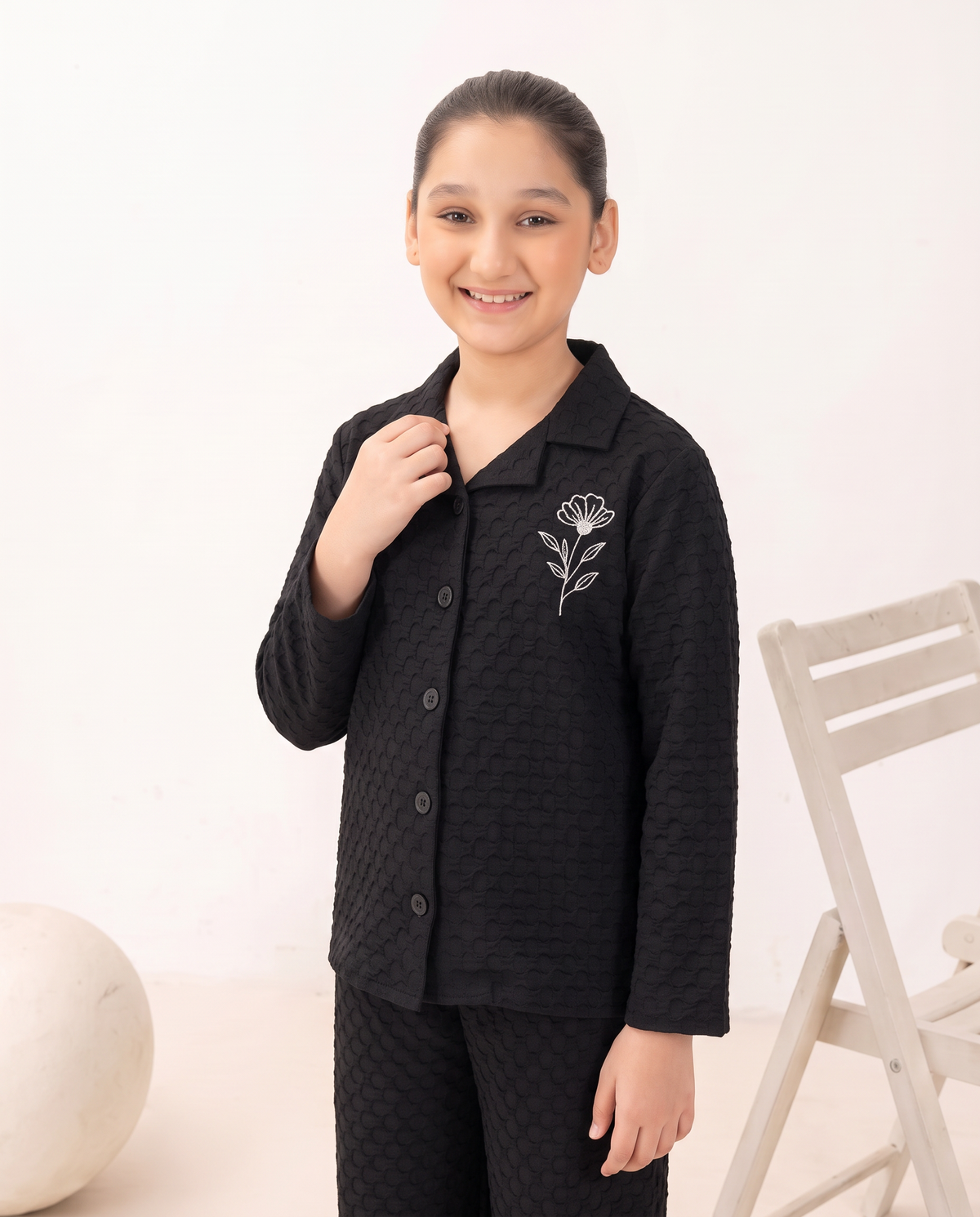Girls Black Wave Textured Turkish Fabric Co-Ord Set