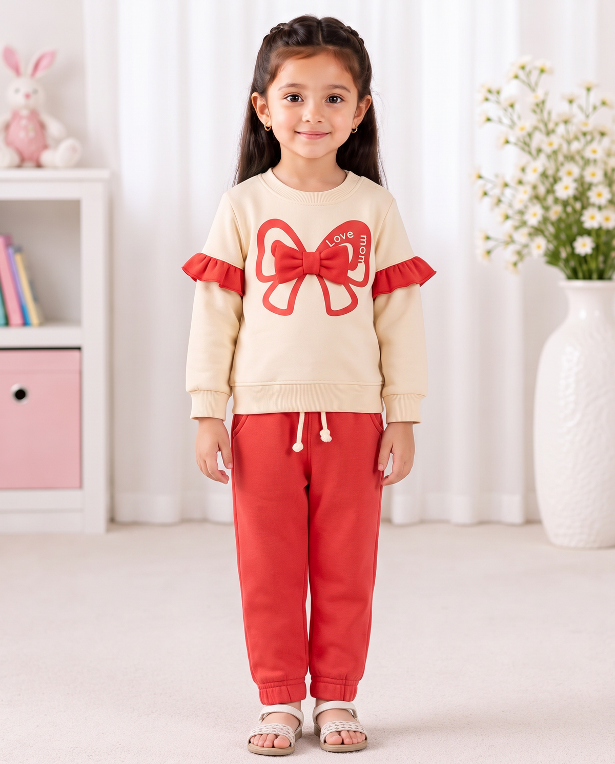 Sweet Love Baby Girl Bow Tracksuit – Cream & Red Two-Piece Set