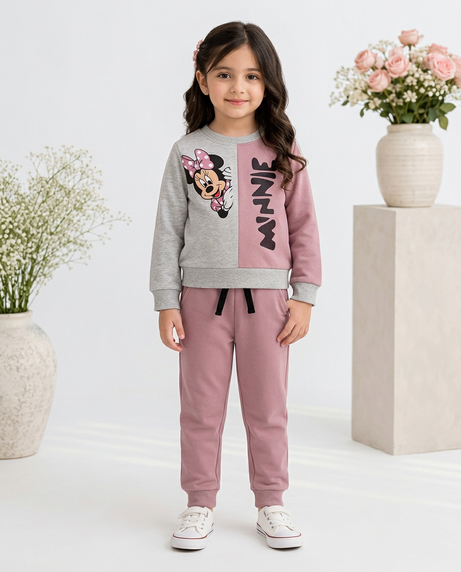 Disney Minnie Mouse Fleece Pink Gray Sweatshirt With Trouser  2 Piece Set
