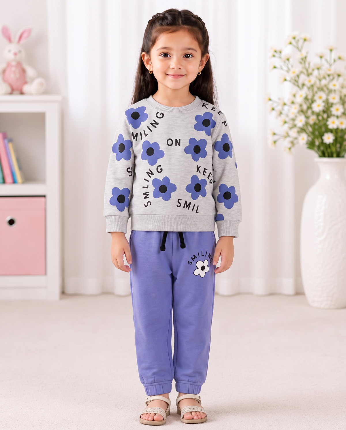 Girls Keep Smiling Grey & Purple Flower Tracksuit